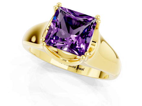 Yellow gold Princess Cut Amethyst Solitaire Ring with Wide Band and Prong Setting_1