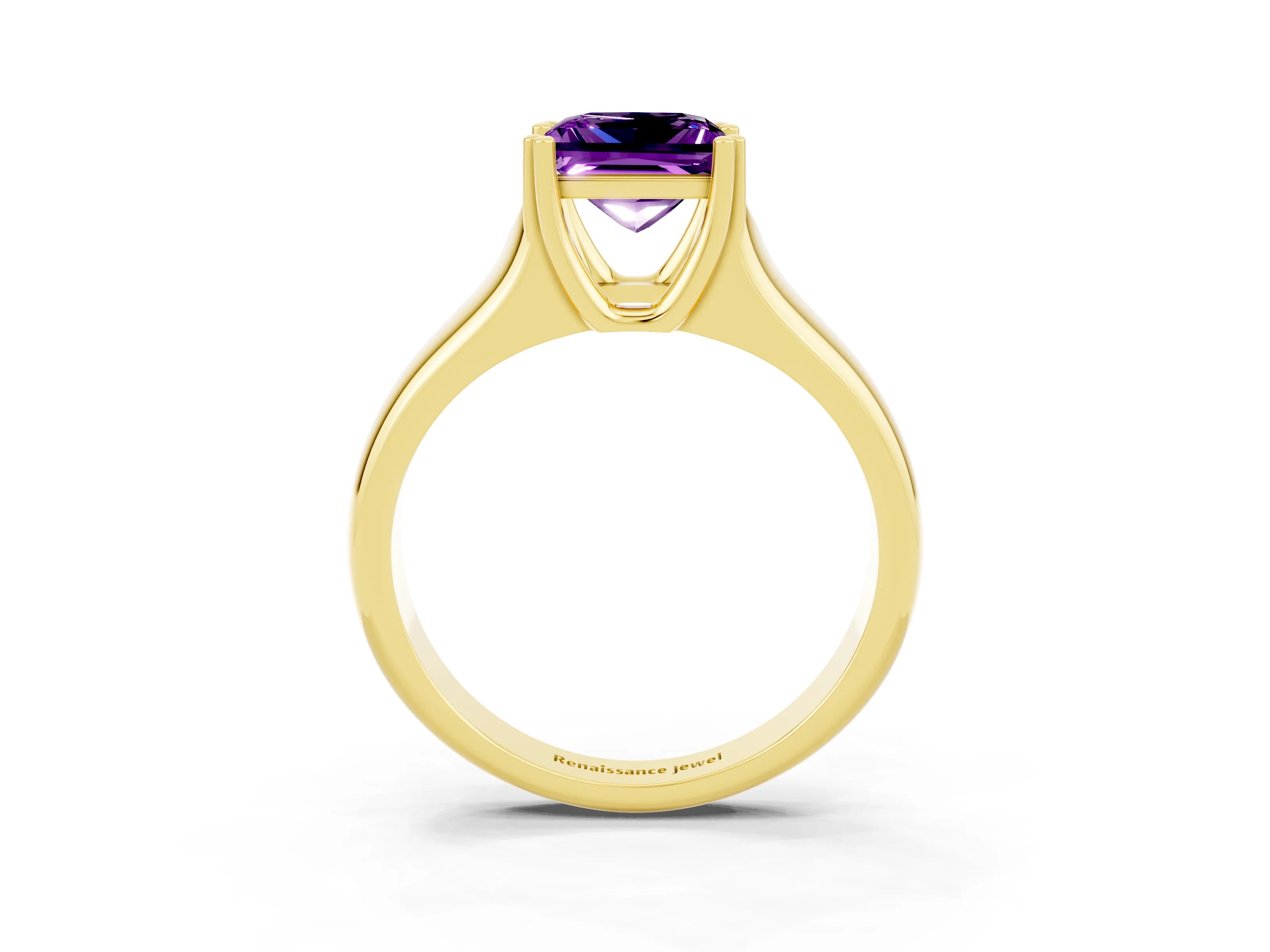 Yellow gold Princess Cut Amethyst Solitaire Ring with Wide Band and Prong Setting_3