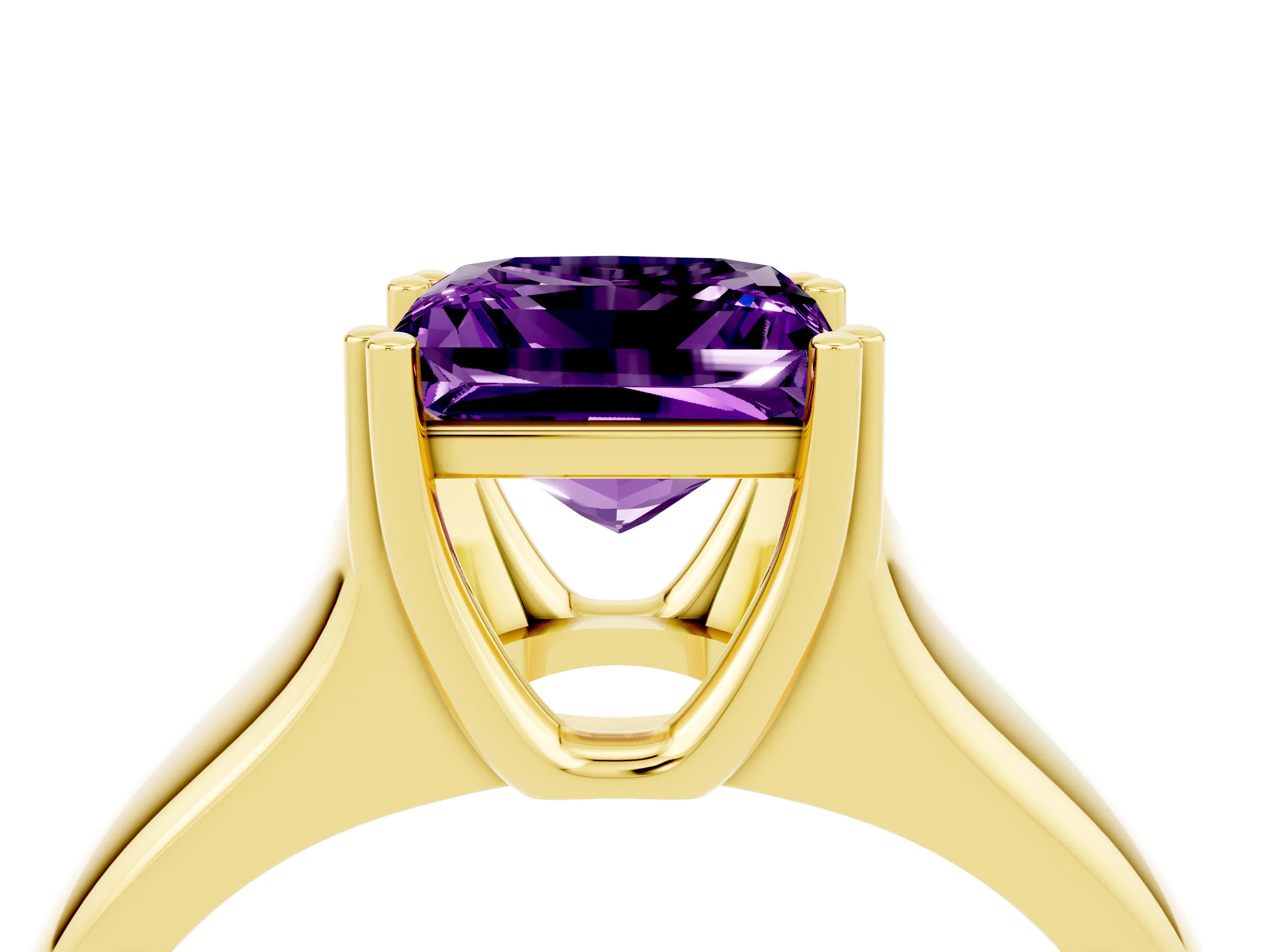 Yellow gold Princess Cut Amethyst Solitaire Ring with Wide Band and Prong Setting_4