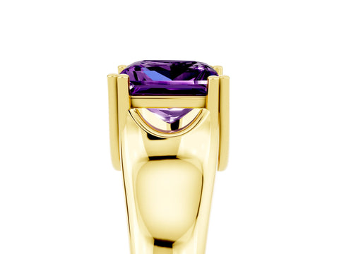Yellow gold Princess Cut Amethyst Solitaire Ring with Wide Band and Prong Setting_5