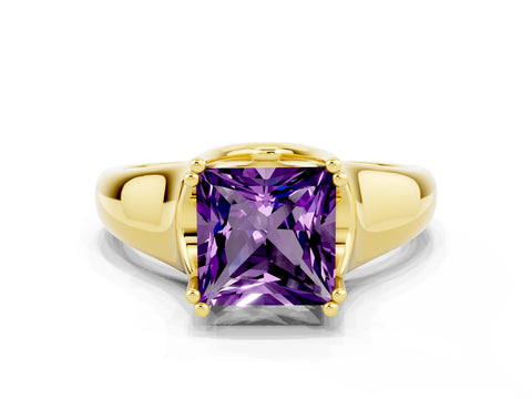 Yellow gold Princess Cut Amethyst Solitaire Ring with Wide Band and Prong Setting