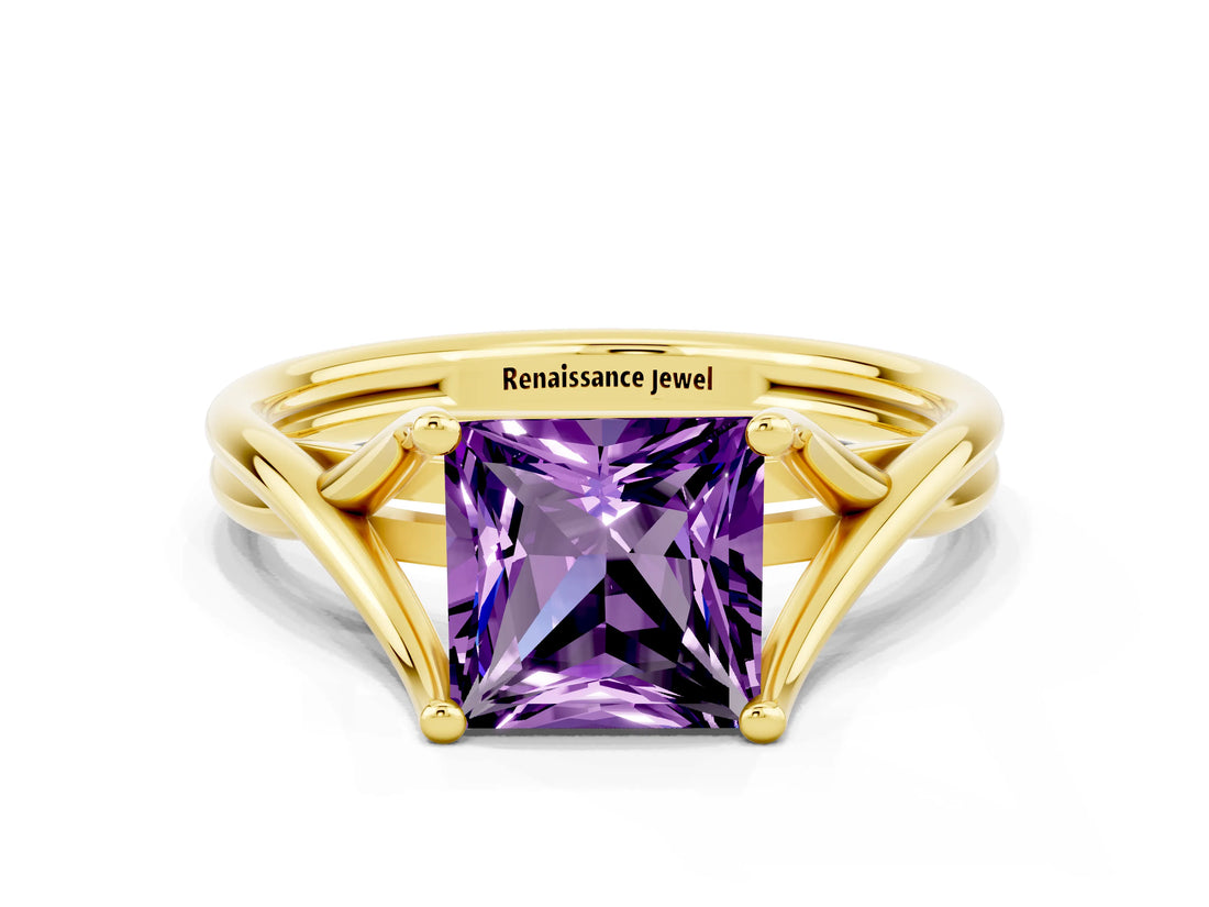 Yellow gold Princess Cut Amethyst Solitaire Twist Band Prong Setting Ring_36