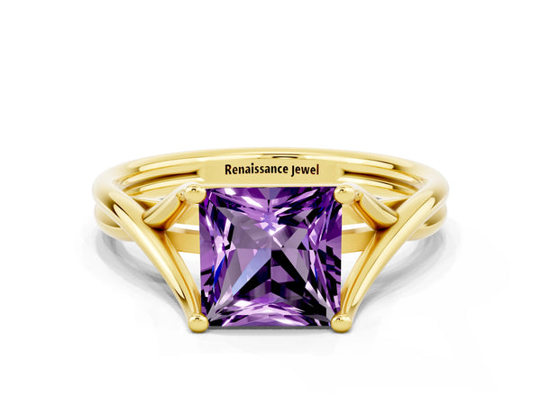 Yellow gold Princess Cut Amethyst Solitaire Twist Band Prong Setting Ring