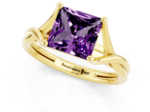 Yellow gold Princess Cut Amethyst Solitaire Twist Band Prong Setting Ring