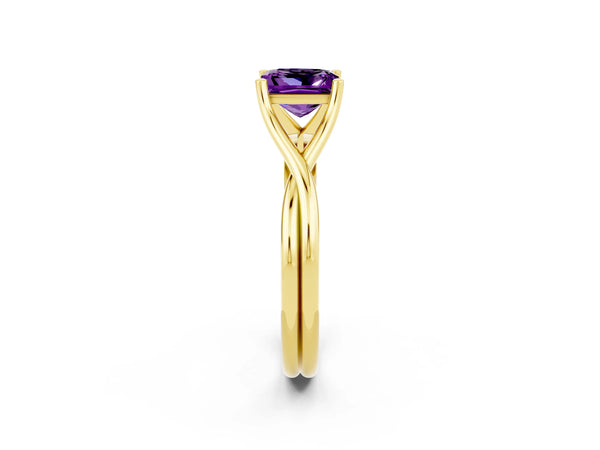 Yellow gold Princess Cut Amethyst Solitaire Twist Band Prong Setting Ring