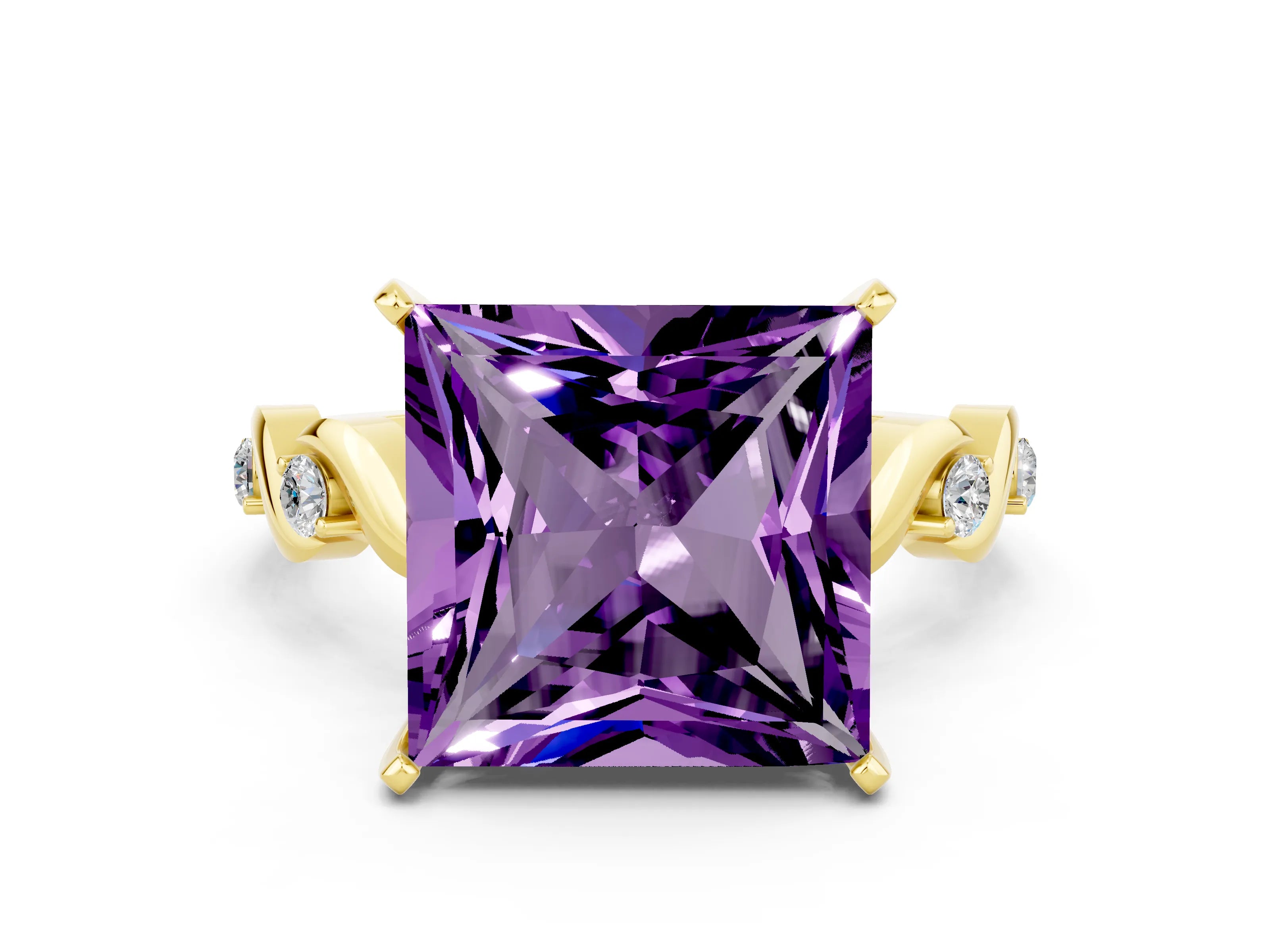 Yellow gold Princess Cut Amethyst Solitaire Twisted Band with Round  Accents and Prong Setting_12