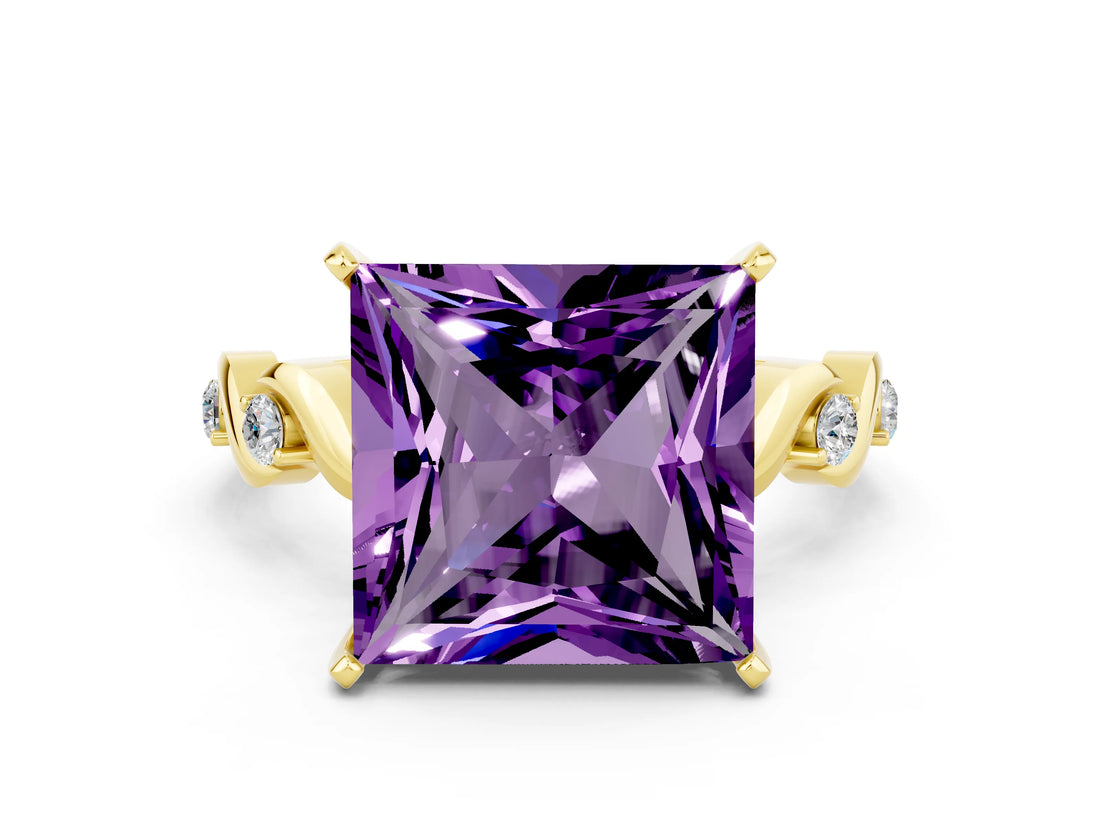 Yellow gold Princess Cut Amethyst Solitaire Twisted Band with Round  Accents and Prong Setting_12