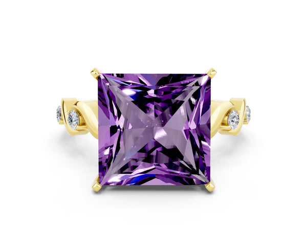 Yellow gold Princess Cut Amethyst Solitaire Twisted Band with Round  Accents and Prong Setting