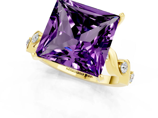 Yellow gold Princess Cut Amethyst Solitaire Twisted Band with Round  Accents and Prong Setting
