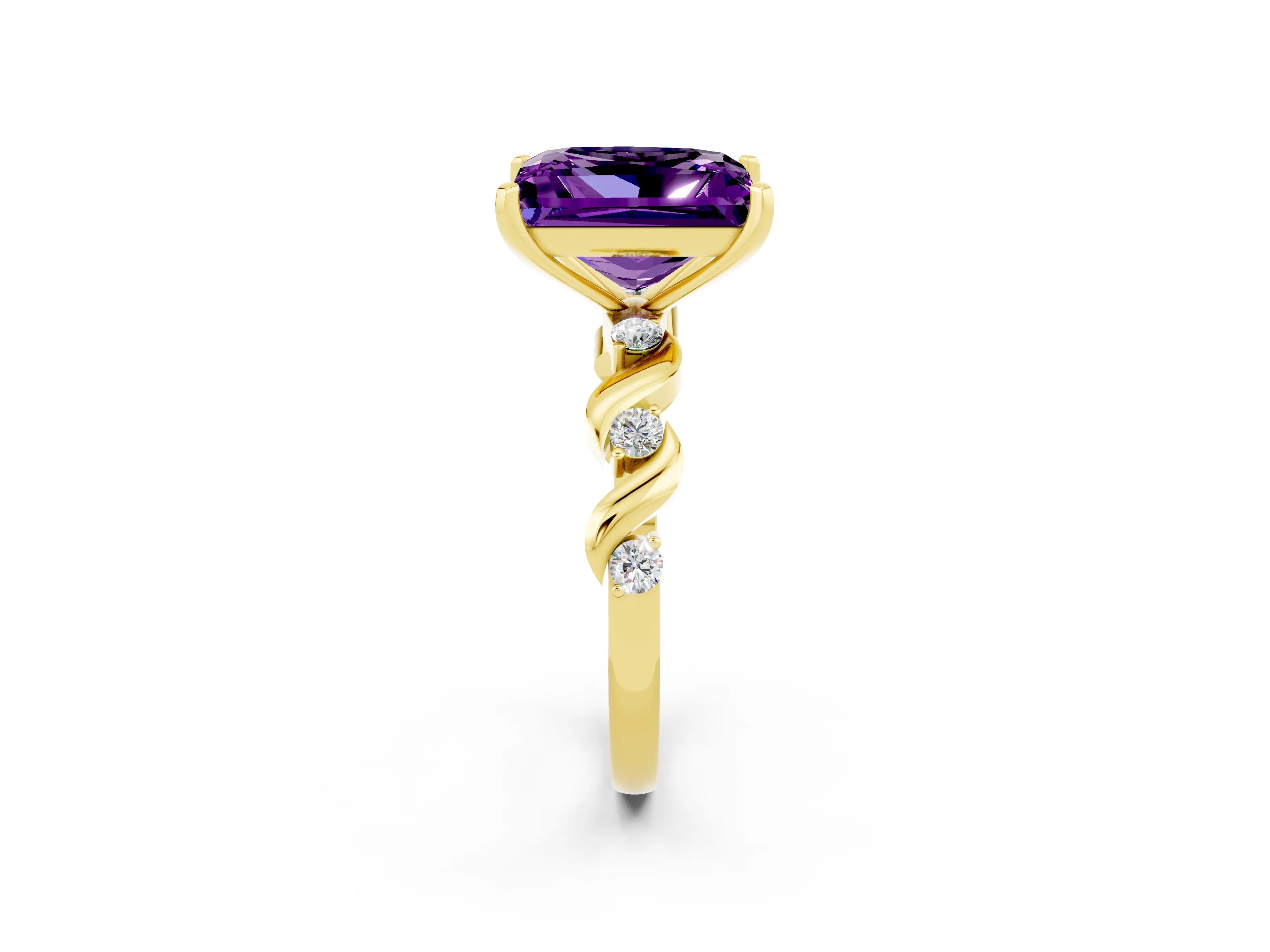 Yellow gold Princess Cut Amethyst Solitaire Twisted Band with Round  Accents and Prong Setting_14