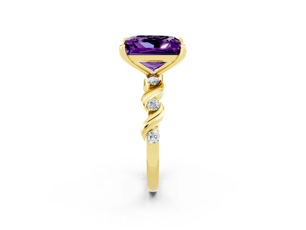 Yellow gold Princess Cut Amethyst Solitaire Twisted Band with Round  Accents and Prong Setting
