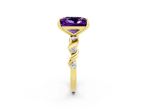 Yellow gold Princess Cut Amethyst Solitaire Twisted Band with Round  Accents and Prong Setting_14