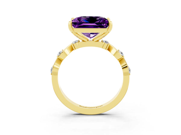 Yellow gold Princess Cut Amethyst Solitaire Twisted Band with Round  Accents and Prong Setting