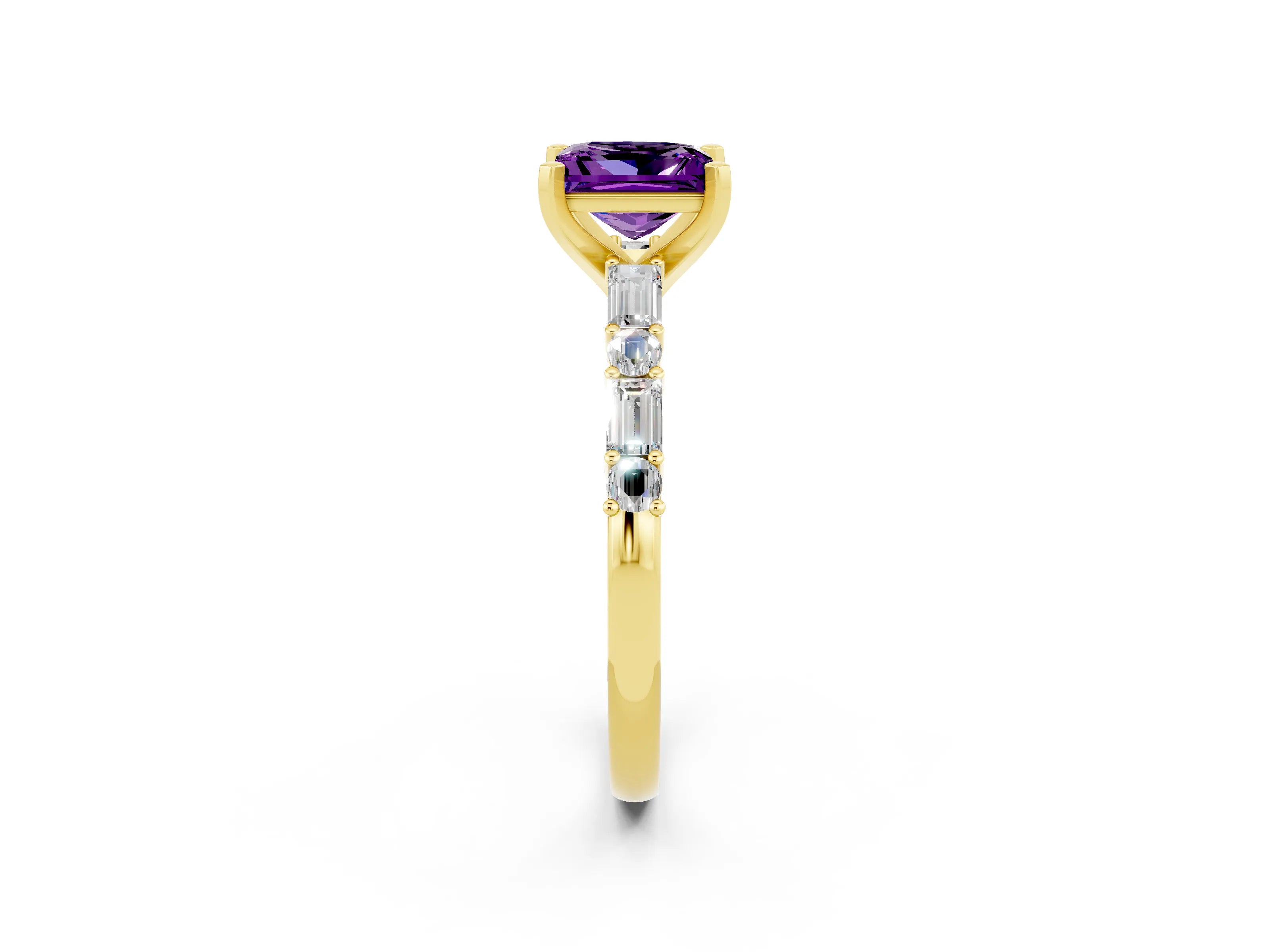 Yellow gold Princess Cut Amethyst Solitaire with Side Baguettes and Channel Set Band_2