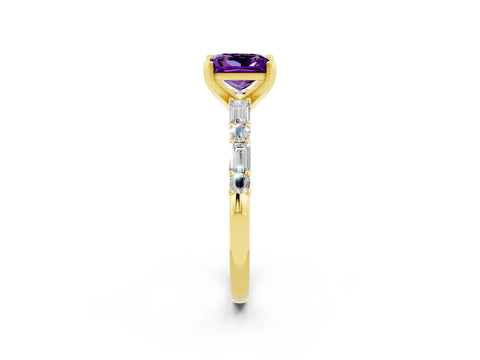 Yellow gold Princess Cut Amethyst Solitaire with Side Baguettes and Channel Set Band_2
