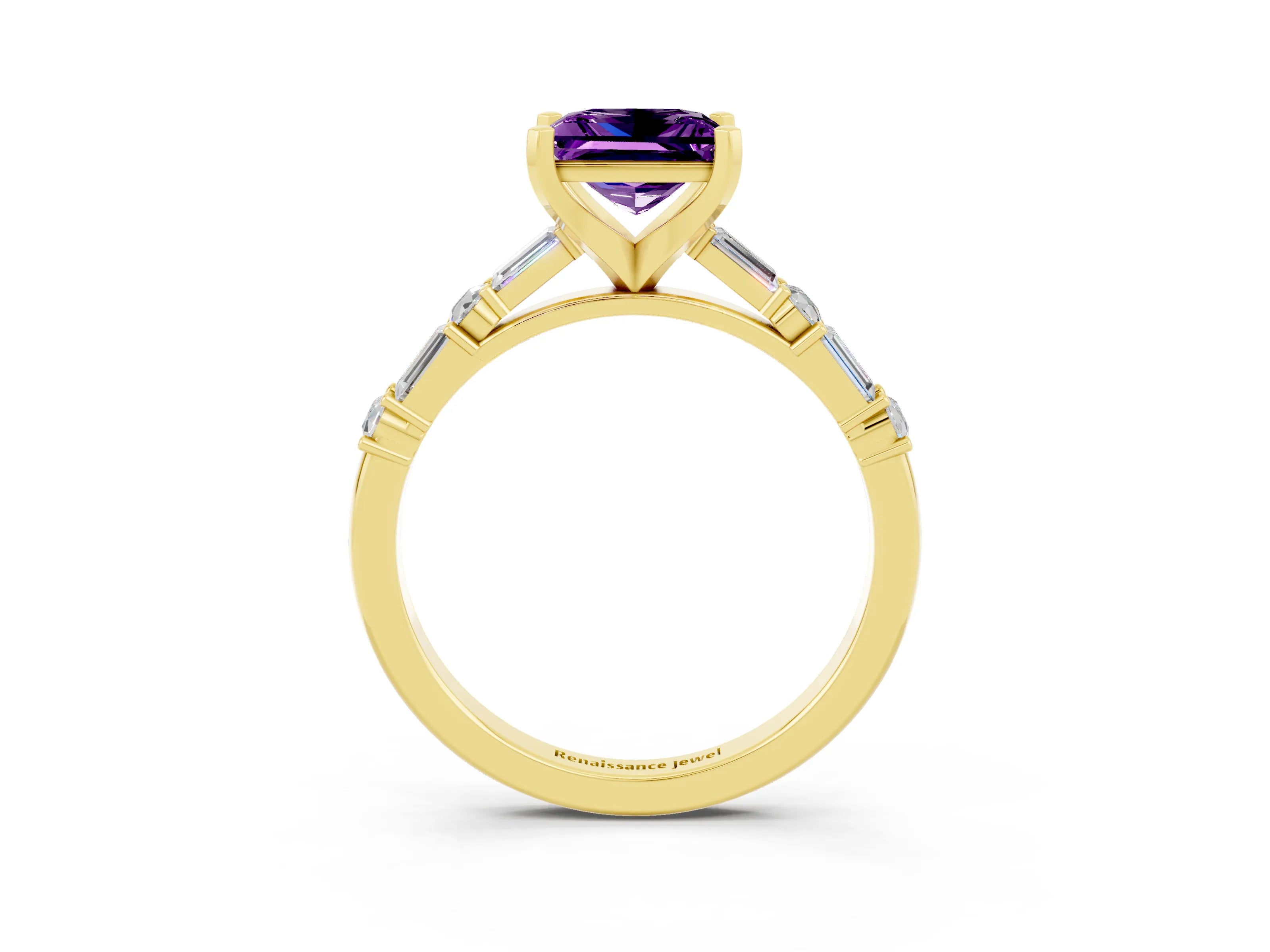 Yellow gold Princess Cut Amethyst Solitaire with Side Baguettes and Channel Set Band_3