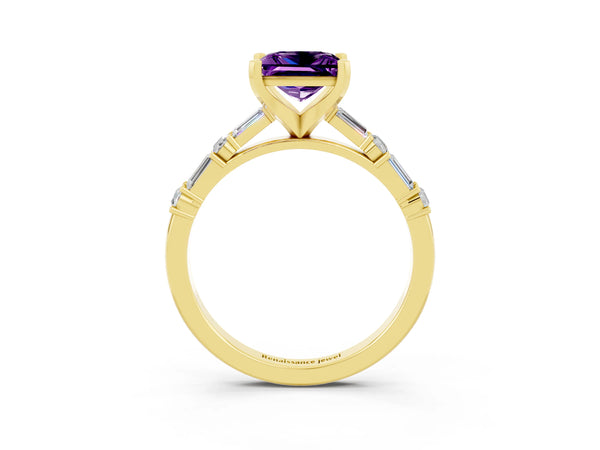 Yellow gold Princess Cut Amethyst Solitaire with Side Baguettes and Channel Set Band