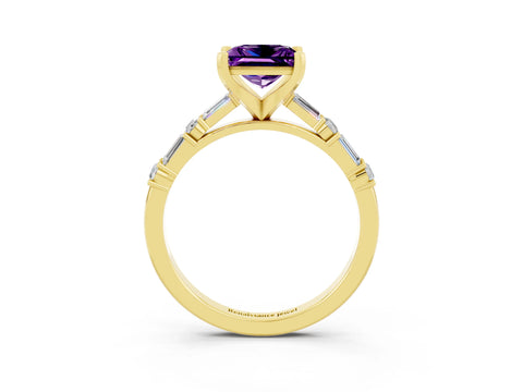 Yellow gold Princess Cut Amethyst Solitaire with Side Baguettes and Channel Set Band_3