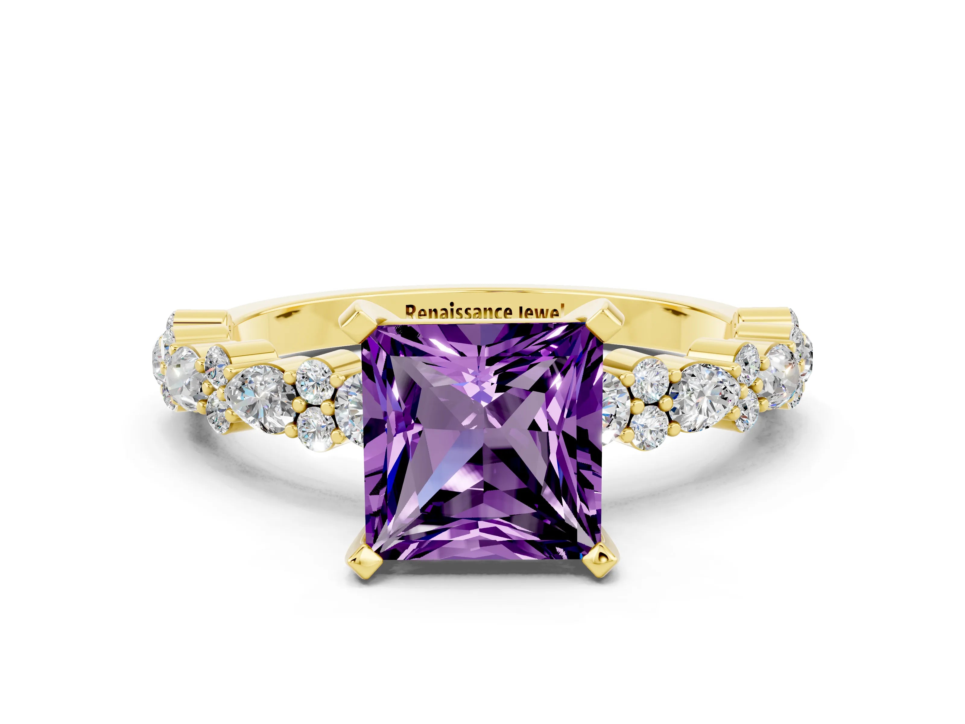 Yellow gold Princess Cut Amethyst Solitaire with Side Stones, Pave Band, Four-Prong Setting_36