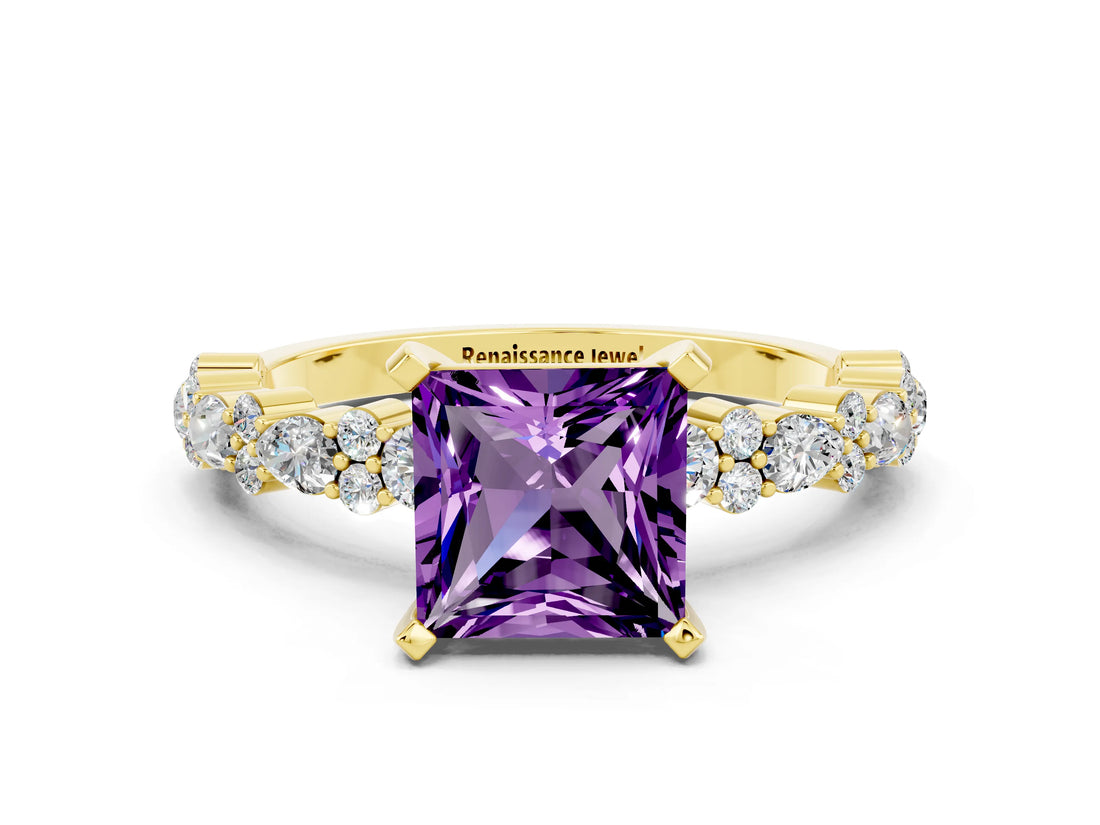 Yellow gold Princess Cut Amethyst Solitaire with Side Stones, Pave Band, Four-Prong Setting_36