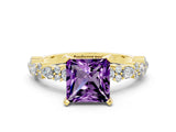 Yellow gold Princess Cut Amethyst Solitaire with Side Stones, Pave Band, Four-Prong Setting_36