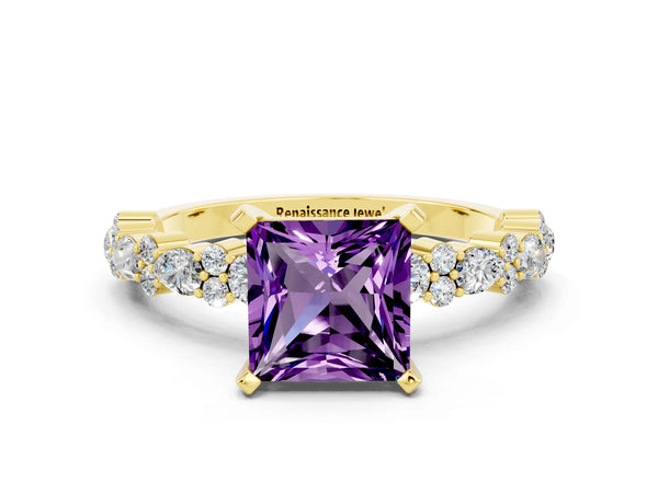 Yellow gold Princess Cut Amethyst Side Stone Solitaire Ring with Round  and Four-Prong Setting