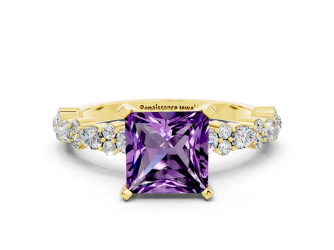Yellow gold Princess Cut Amethyst Solitaire with Side Stones, Pave Band, Four-Prong Setting_36