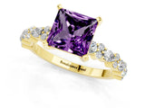 Yellow gold Princess Cut Amethyst Solitaire with Side Stones, Pave Band, Four-Prong Setting_37
