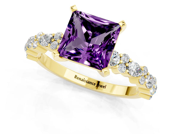 Yellow gold Princess Cut Amethyst Side Stone Solitaire Ring with Round  and Four-Prong Setting