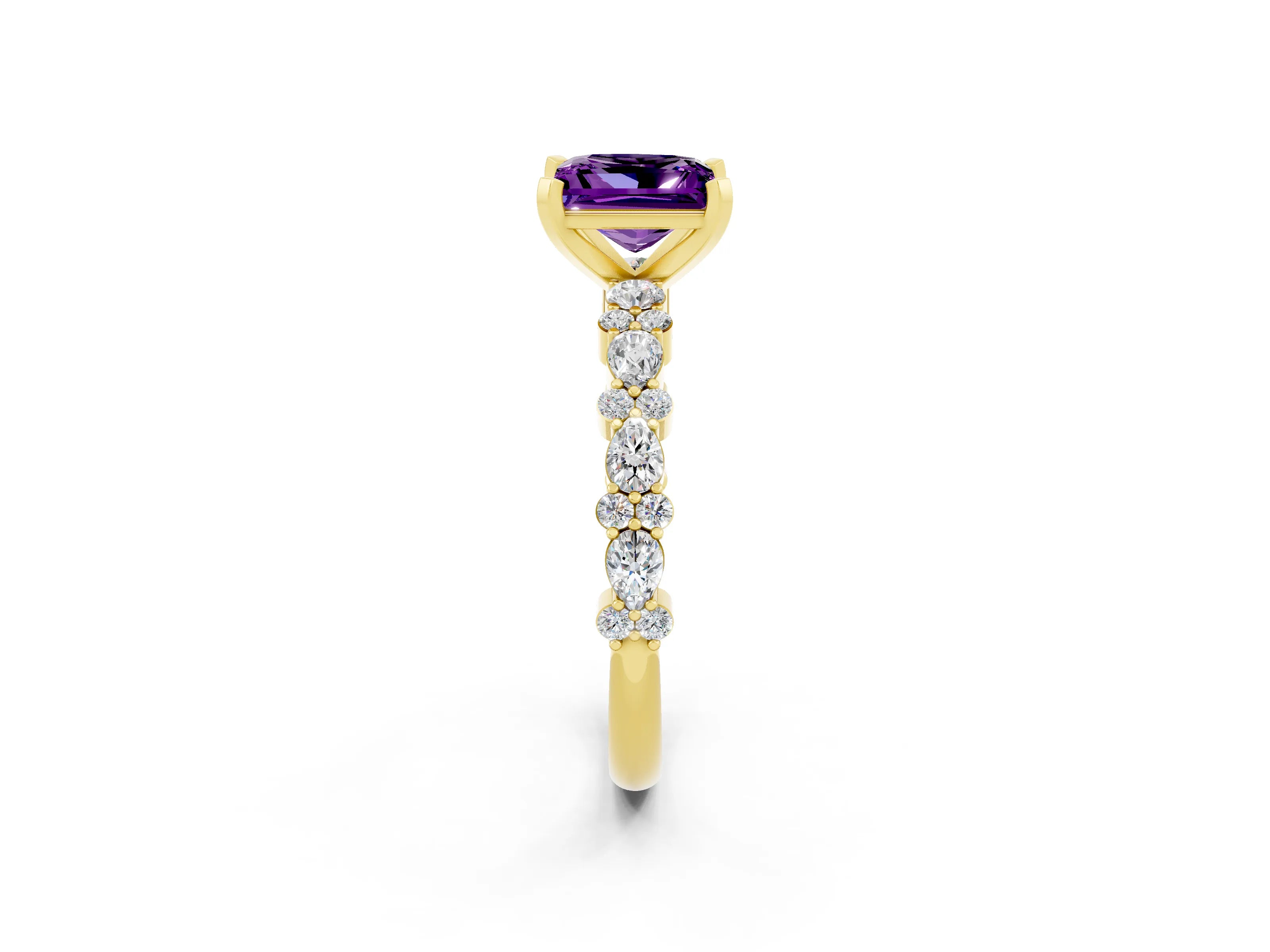 Yellow gold Princess Cut Amethyst Solitaire with Side Stones, Pave Band, Four-Prong Setting_38