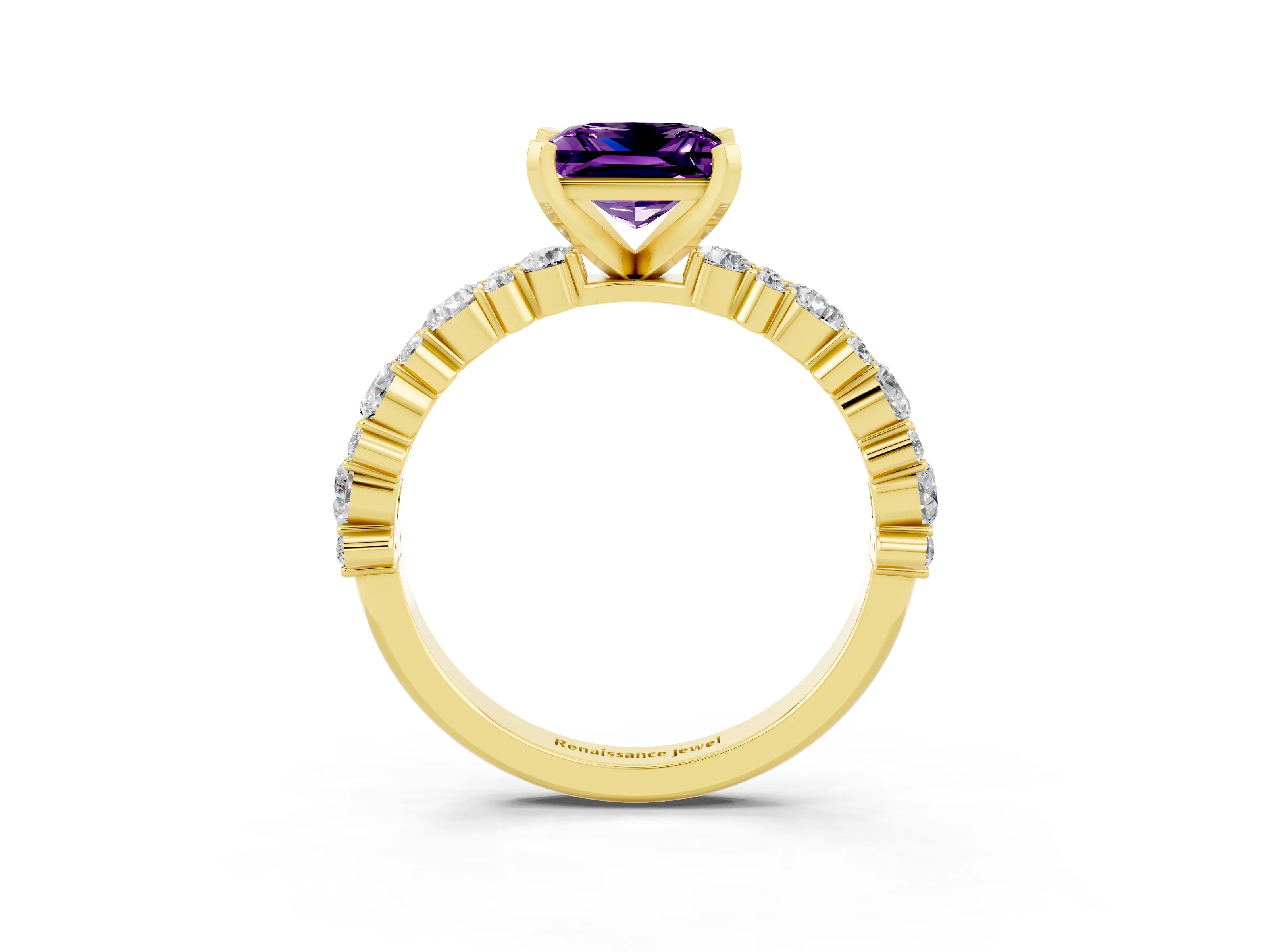 Yellow gold Princess Cut Amethyst Solitaire with Side Stones, Pave Band, Four-Prong Setting_39