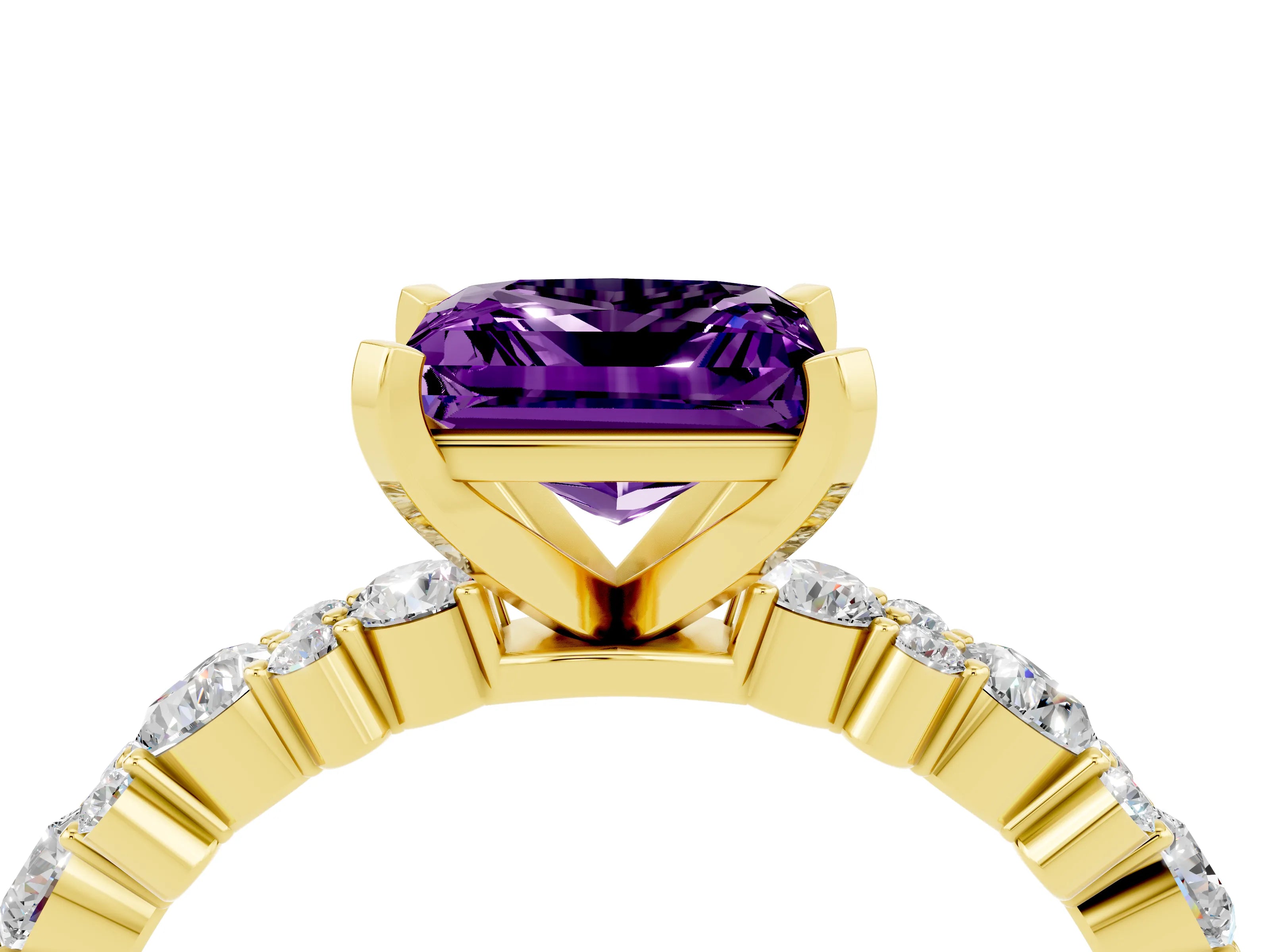 Yellow gold Princess Cut Amethyst Solitaire with Side Stones, Pave Band, Four-Prong Setting_40