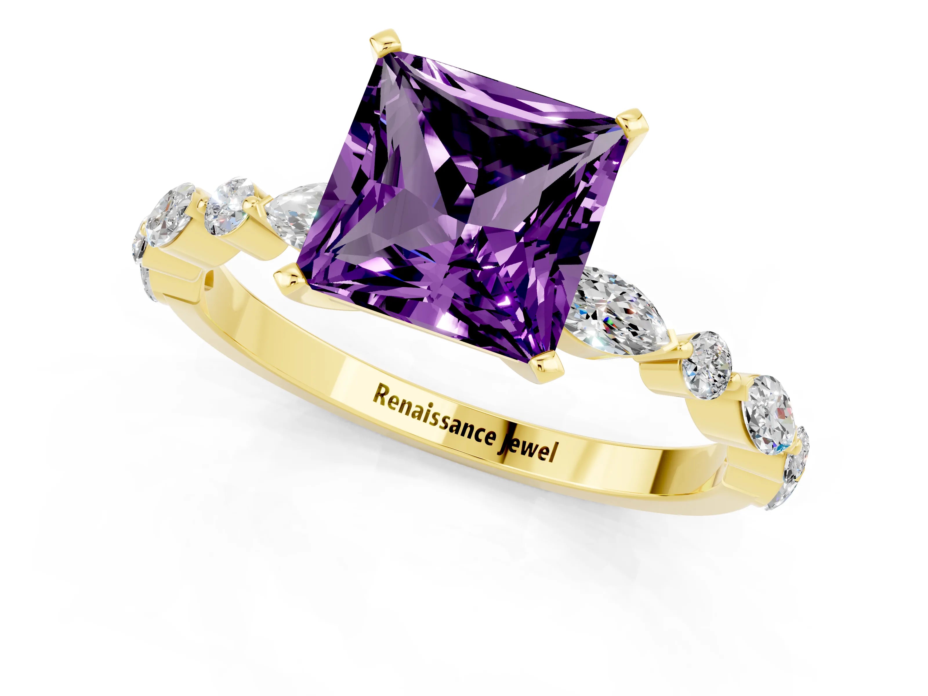 Yellow gold Princess Cut Amethyst Solitaire with Side Stones on a Pavé Band and Four-Prong Setting_1