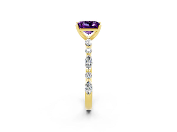 Yellow gold Princess Cut Amethyst Ring with Marquise and Round  Side Stones and Four-Prong Setting