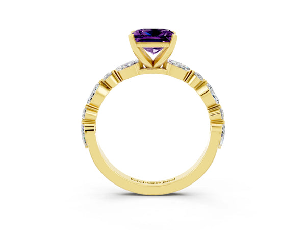 Yellow gold Princess Cut Amethyst Ring with Marquise and Round  Side Stones and Four-Prong Setting