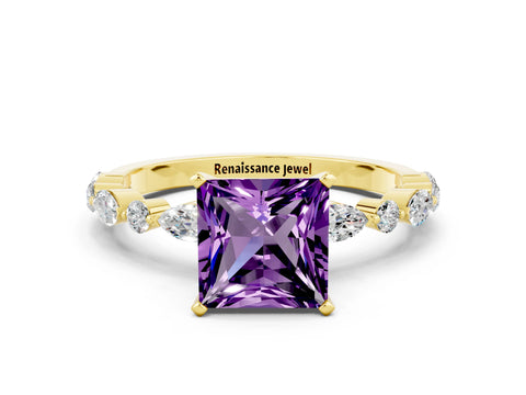 Yellow gold Princess Cut Amethyst Solitaire with Side Stones on a Pavé Band and Four-Prong Setting