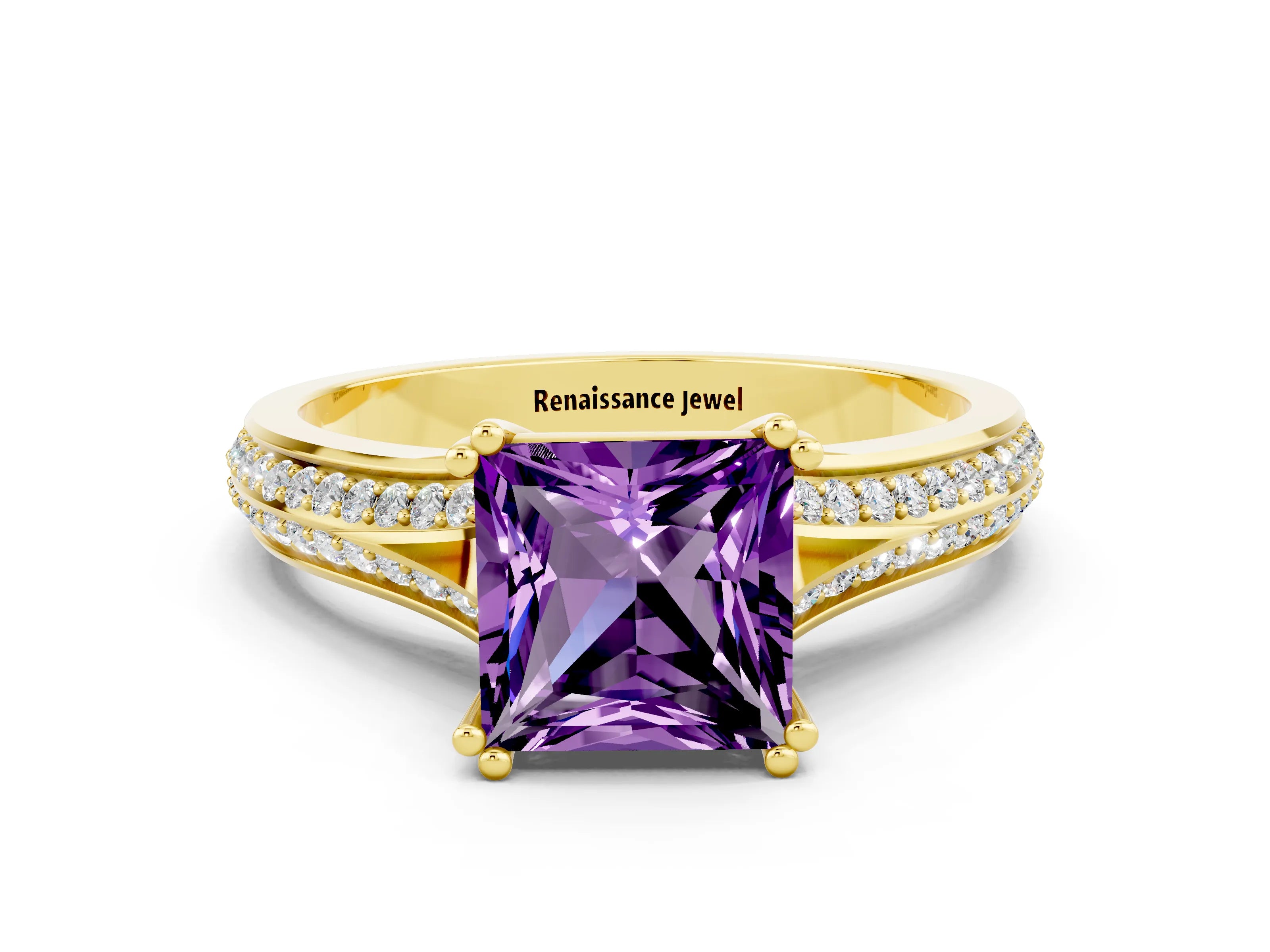 Yellow gold Princess Cut Amethyst Split Shank Engagement Ring with Pavé Band