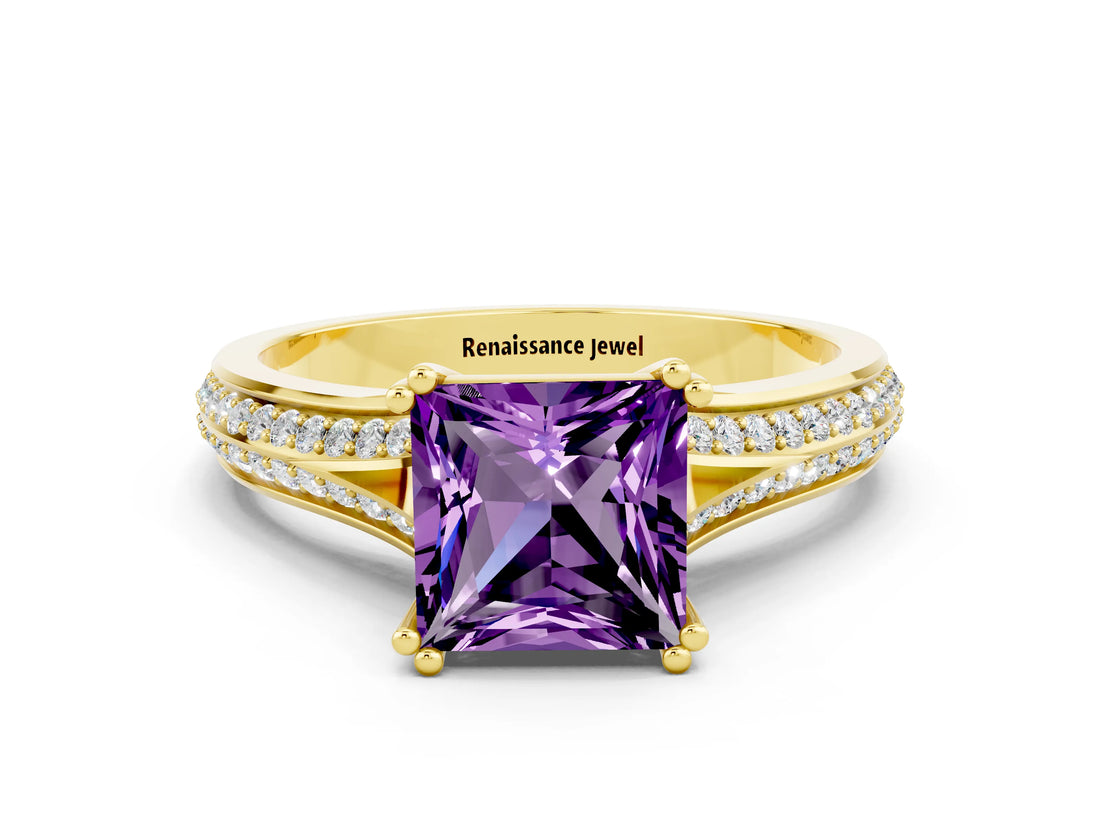 Yellow gold Princess Cut Amethyst Split Shank Engagement Ring with Pavé Band
