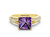 Yellow gold Princess Cut Amethyst Split Shank Engagement Ring with Pavé Band