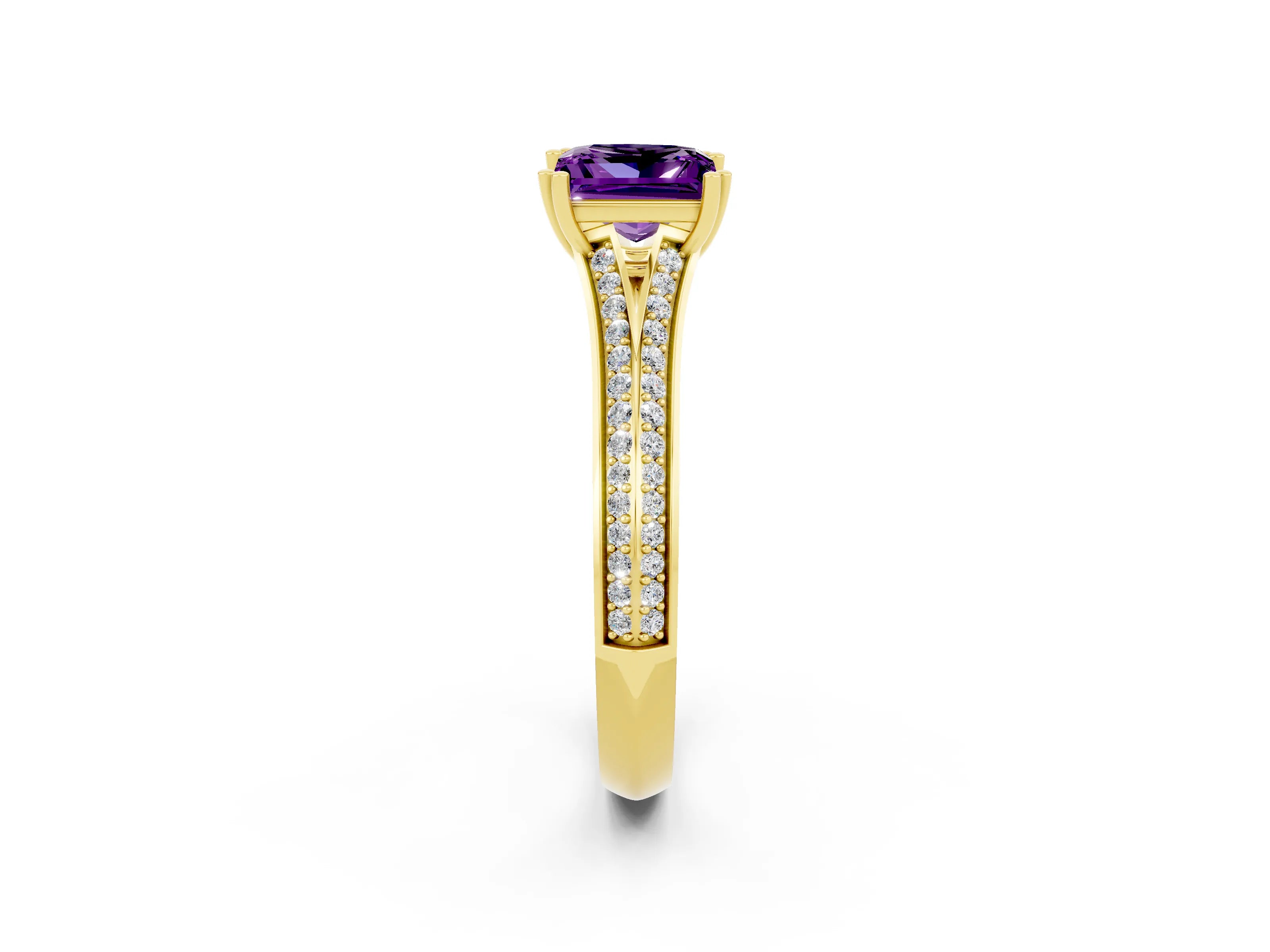 Yellow gold Princess Cut Amethyst Split Shank Engagement Ring with Pavé Band_2