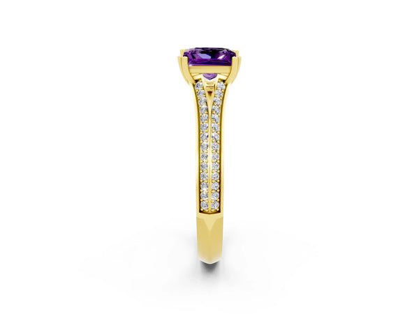 Yellow gold Princess Cut Amethyst Split Shank Engagement Ring with Pavé Band