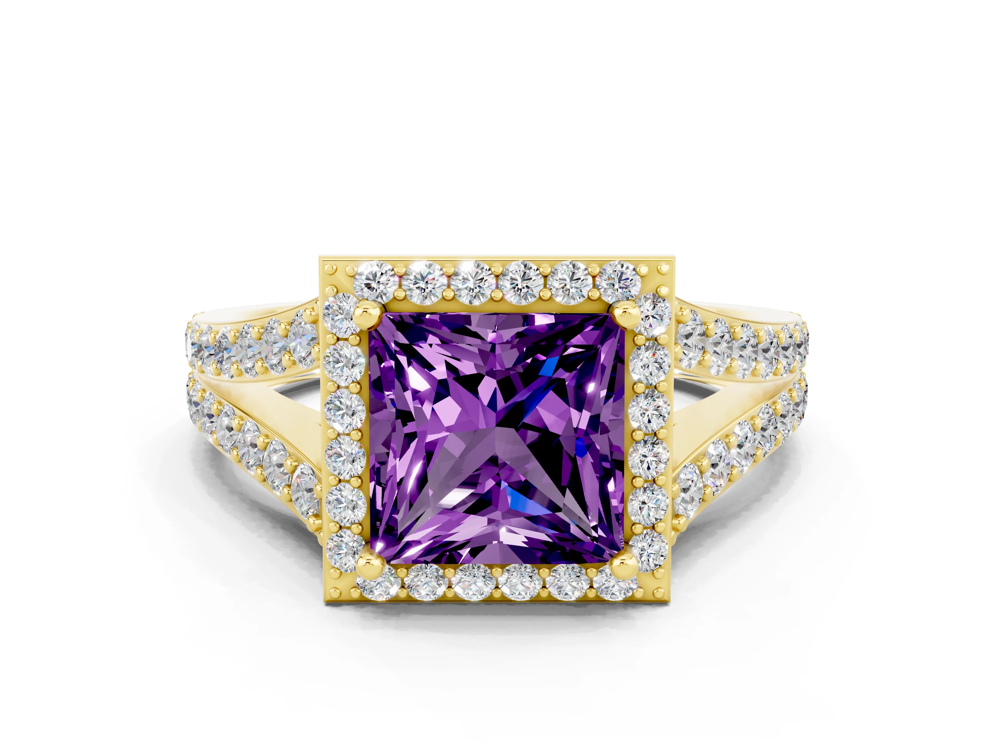 Yellow gold Princess Cut Amethyst Split Shank Halo Ring with Four-Prong Setting_12