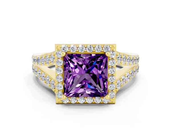 Yellow gold Princess Cut Amethyst Split Shank Halo Ring with Four-Prong Setting