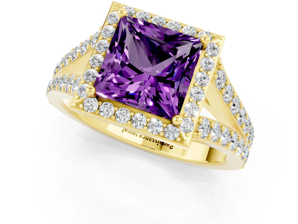 Yellow gold Princess Cut Amethyst Split Shank Halo Ring with Four-Prong Setting