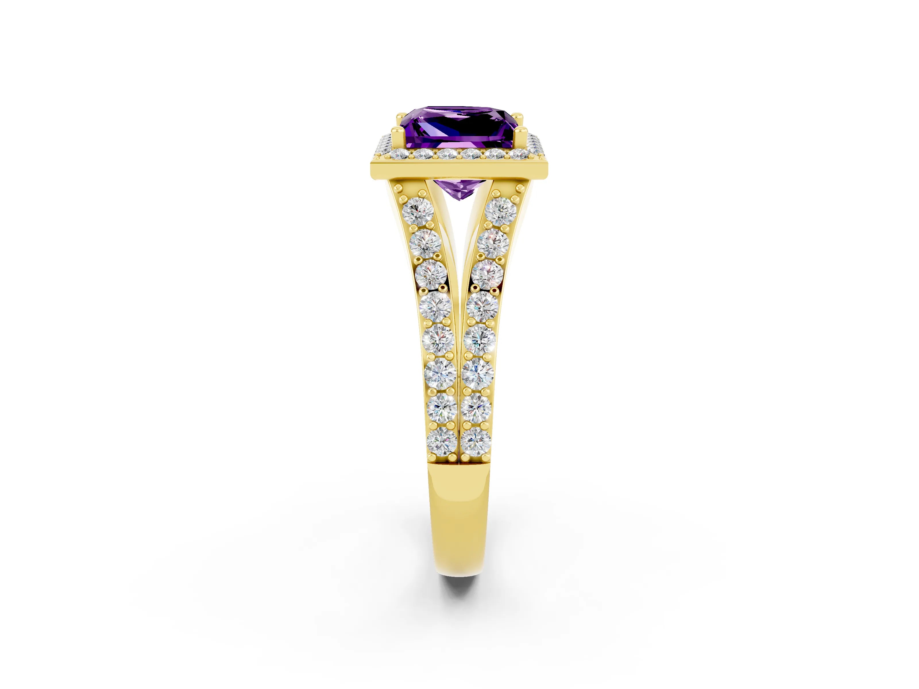 Yellow gold Princess Cut Amethyst Split Shank Halo Ring with Four-Prong Setting_14