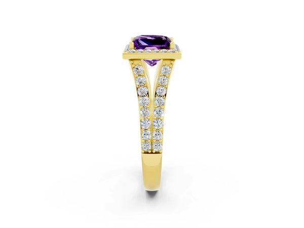 Yellow gold Princess Cut Amethyst Split Shank Halo Ring with Four-Prong Setting