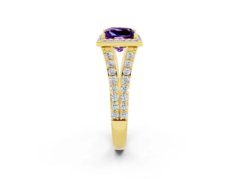 Yellow gold Princess Cut Amethyst Split Shank Halo Ring with Four-Prong Setting_14