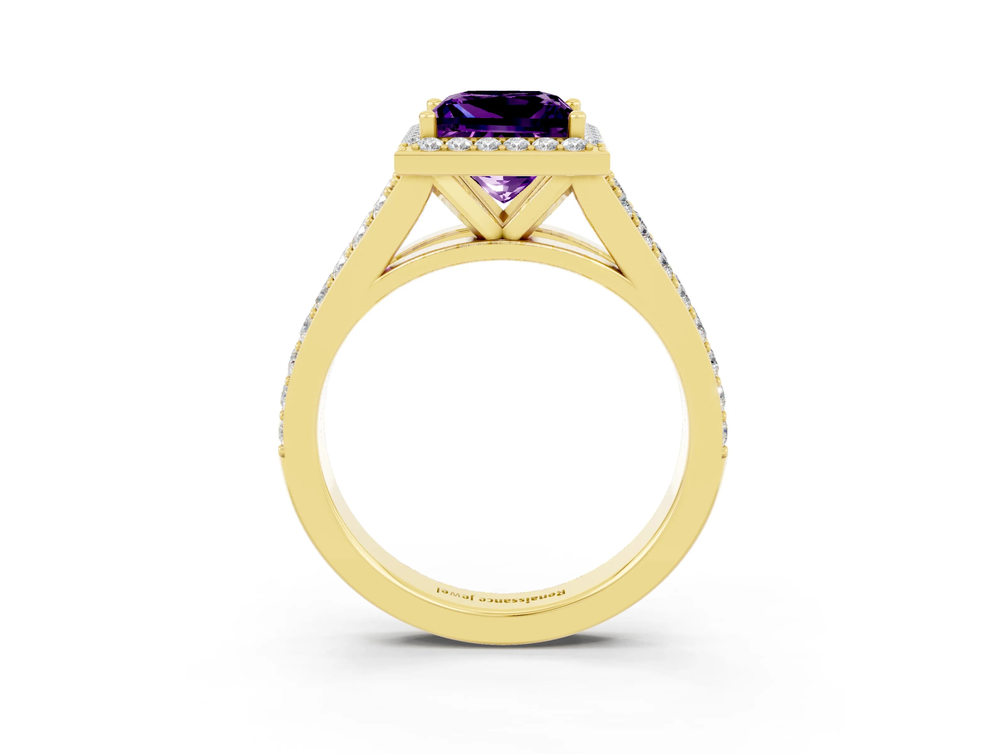 Yellow gold Princess Cut Amethyst Split Shank Halo Ring with Four-Prong Setting_15