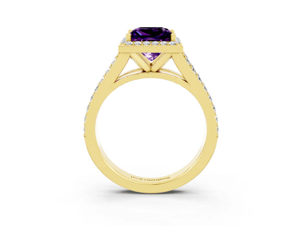 Yellow gold Princess Cut Amethyst Split Shank Halo Ring with Four-Prong Setting