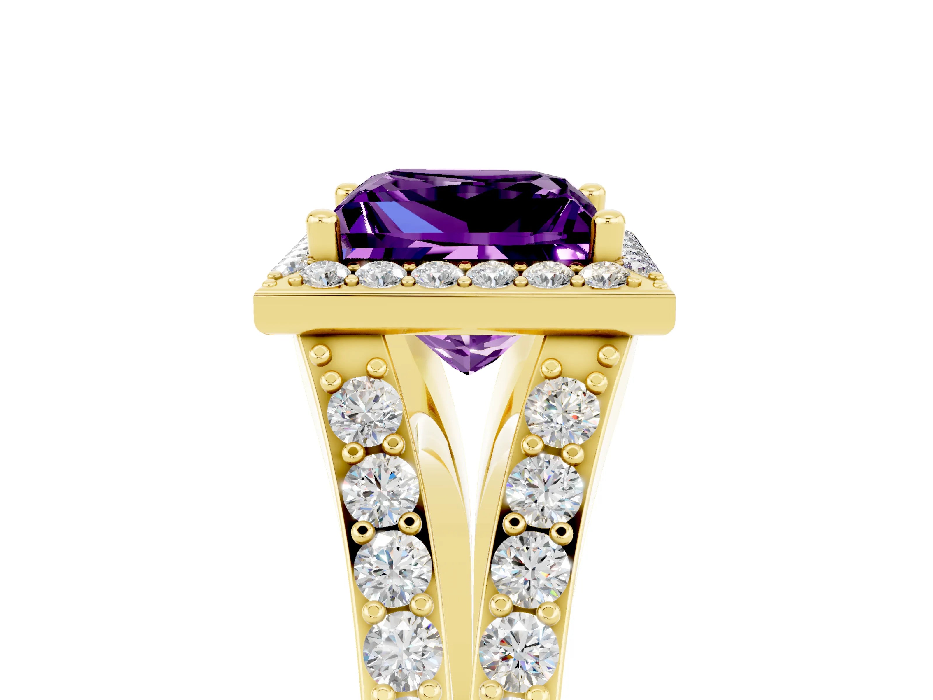 Yellow gold Princess Cut Amethyst Split Shank Halo Ring with Four-Prong Setting_17